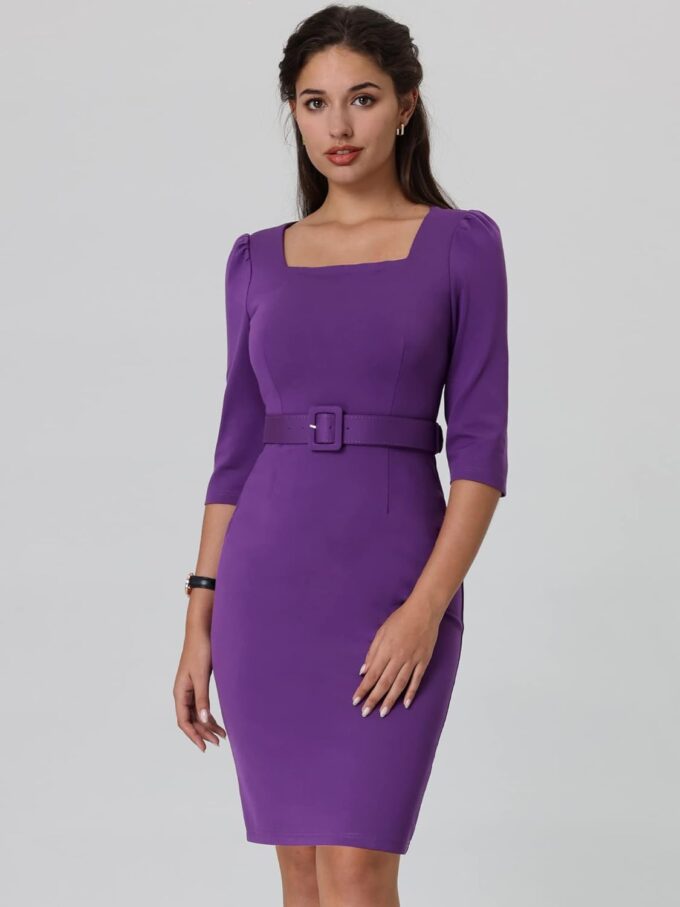 Hobemty Damen Vintage Bleistiftkleid Quadratischer Ausschnitt Puffärmel Gürtel Kleider – Bild 2
