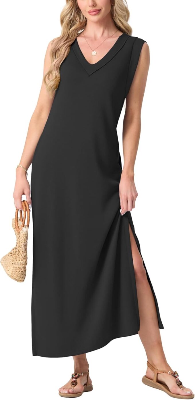 GRECERELLE 2025 Women Summer V-Neck Casual Loose Split Wrinkle-Free Long Maxi Beach Dress with Pockets