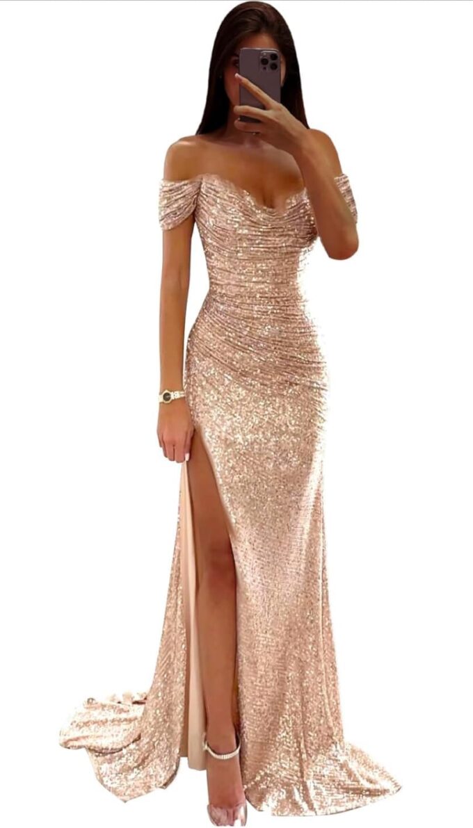 Off Shoulder Simple Prom Dress with Slit Mermaid Long Ball Gown Sweetheart Neck Sparkly Sequin Party Dress 12 Champagne – Bild 2