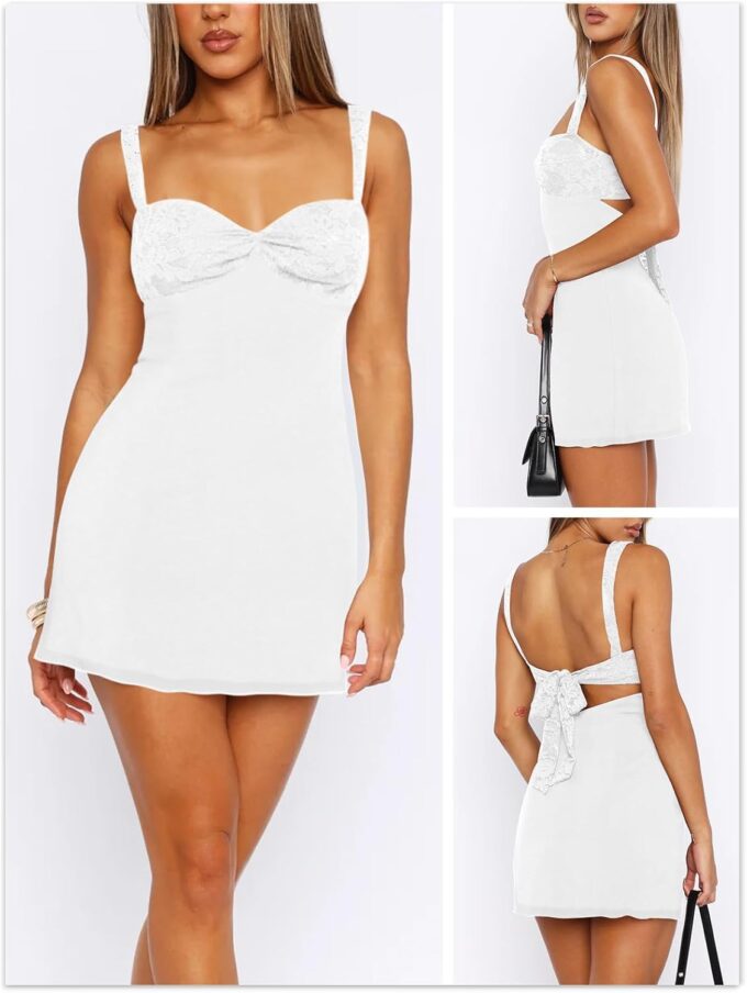 Women's Summer Mini Dresses Sleeveless Sexy Square Neck Lace Splicing Cocktail Party Straps Bodycon Dress – Bild 2