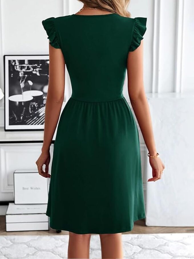 BARASA Damen Sommerkleider V-Ausschnitt Rüschen Ärmellos Sommerkleid A-Linie Knielang Kleid Cocktail Party mit Taschen D648 – Bild 4