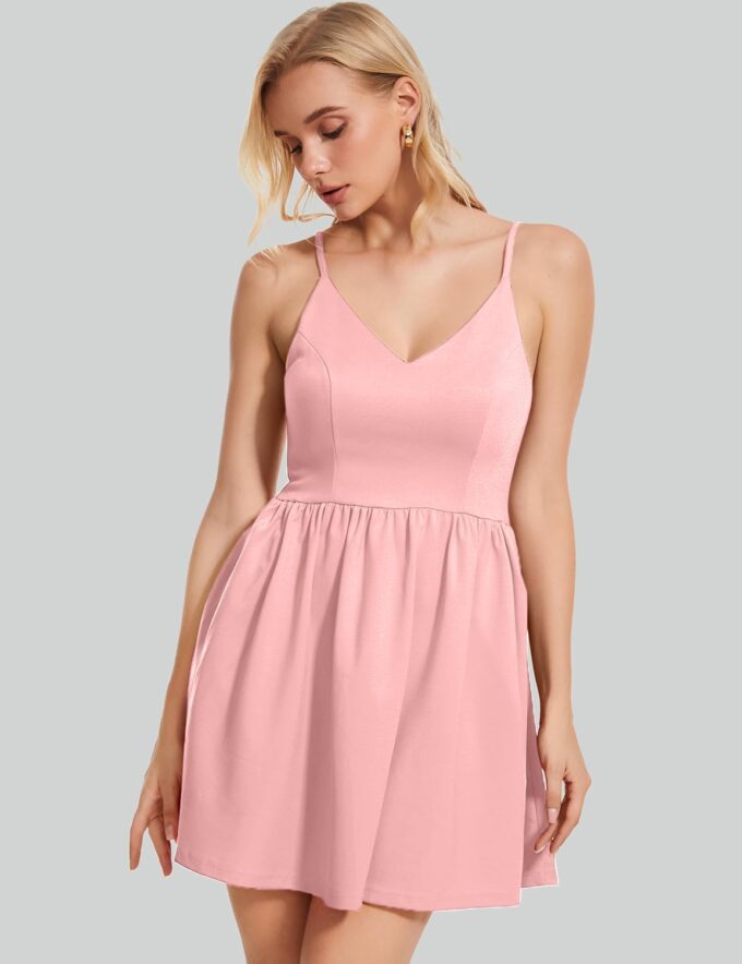 ROYLAMP Women's Casual Spaghetti Strap Dresses Elegant V-Neck A-line Swing Petite Tiered Short Mini Dress with Pockets – Bild 2