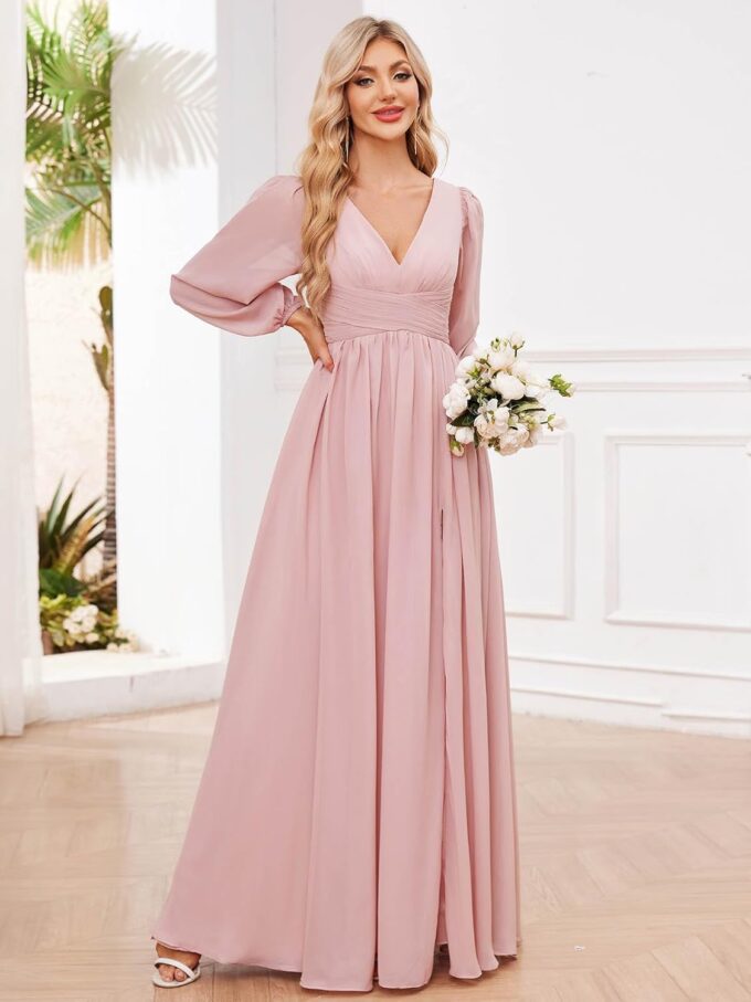 Women's Long Sleeve Bridesmaid Dresses with Slit V Neck Chiffon Ruched Formal Wedding Guest Party Dresses – Bild 9