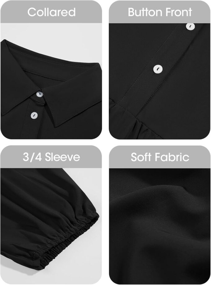 Wenrine Womens Casual 3/4 Sleeve Shirt Dress Button Down V Neck Tiered Collared Flowy Maxi Dress – Bild 6