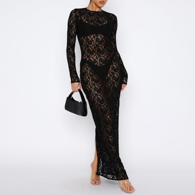 NUFIWI Women Vintage Y2k Lace Maxi Dress Long Sleeve See Through Mesh Bodycon Dress Floral Lace Maxi Long Slip – Bild 4