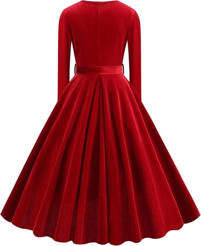 ODOLDI Women's 1950s Retro Vintage Dress Velvet Long Sleeve V Neck Belted Swing Dress Cocktail Dress – Bild 3