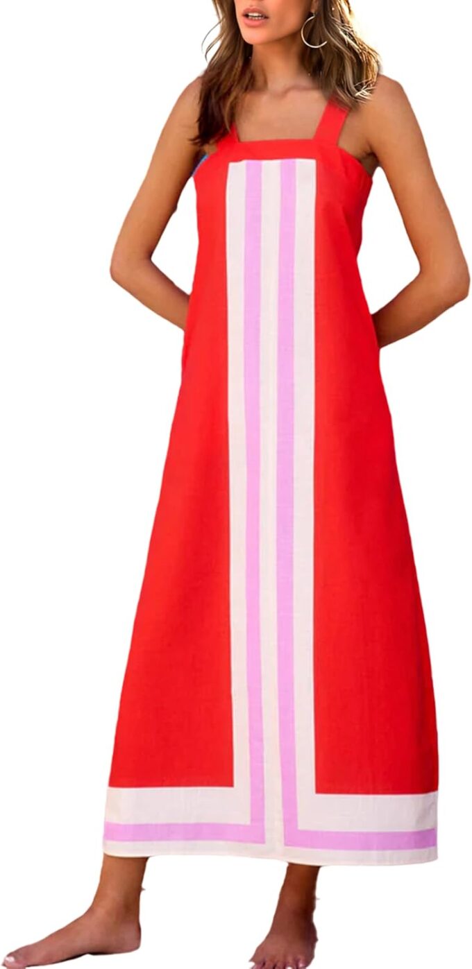 Fiona Jolin Womens Summer Maxi Dress Boho Striped Shoulder Strap Long Sundress Beach Cover Up Dress