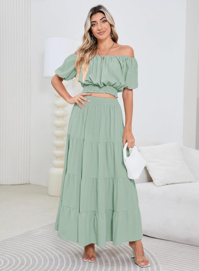 HUUSA 2025 Summer 2 Piece Boho Outfits for Women Short Sleeve Off Shoulder Crop Top and High Waist Flowy Long Skirt Set – Bild 3