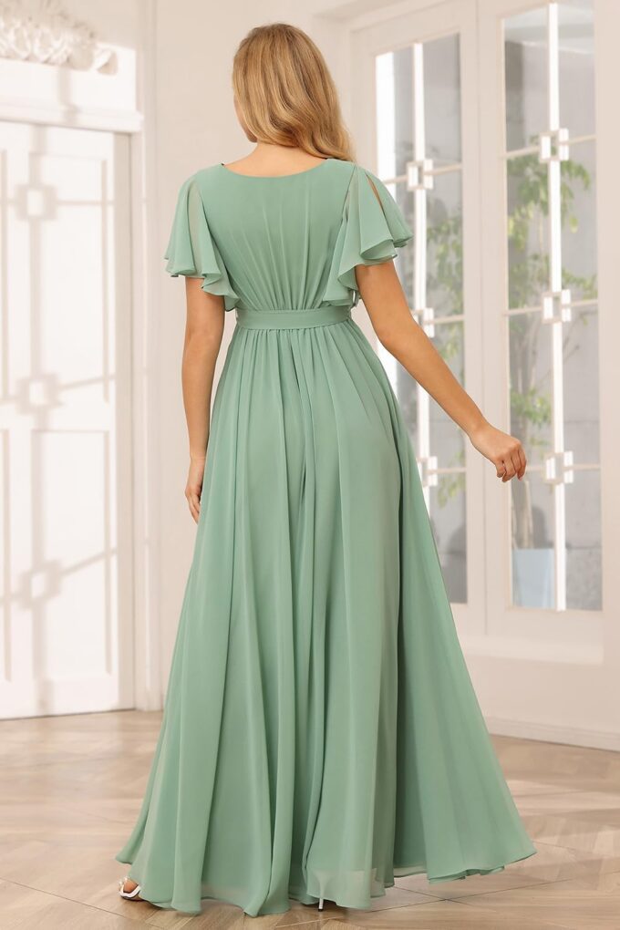 Raseal Flutter Sleeve Chiffon Bridesmaid Dress Long with Pockets V Neck Pleated Formal Dress for Women RS037 – Bild 3