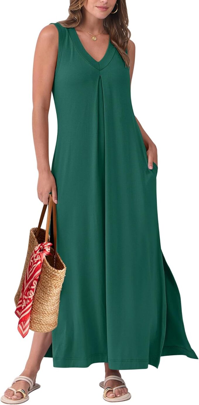 ANRABESS Women's Summer Casual Sleeveless V Neck Maxi Dress 2025 Spring Flowy A-Line Beach Vacation Sundress with Pockets