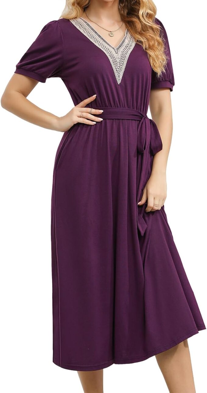 Damen Sommer Elegant Kurzarm V-Ausschnitt Karriere Kleid A-Linie Kleid Casual Midi Knielang Ausgestelltes Kleid mit Gürtel M708 – Bild 5