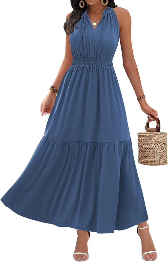 ZAFUL Women's 2025 Summer Casual Midi Dress Sleeveless Adjustable V Neck Elastic Empire Waist Smocked Ruffle Tiered Dresses