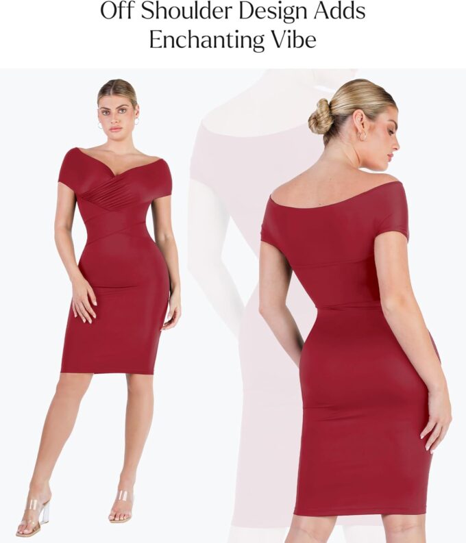 Popilush Off Shoulder Midi Dresses for Women Shapewear Tummy Control Wrap V Neck Formal Cocktail Wedding Guest Dress – Bild 5