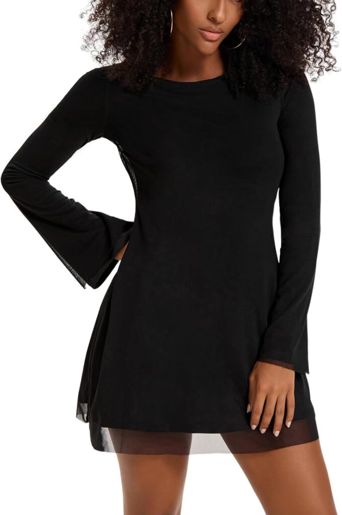 Topcloset Womens Bodice Dress Long Sleeve Dress Backless Flare Mini Dresses Going Out Party Club Dress – Bild 4