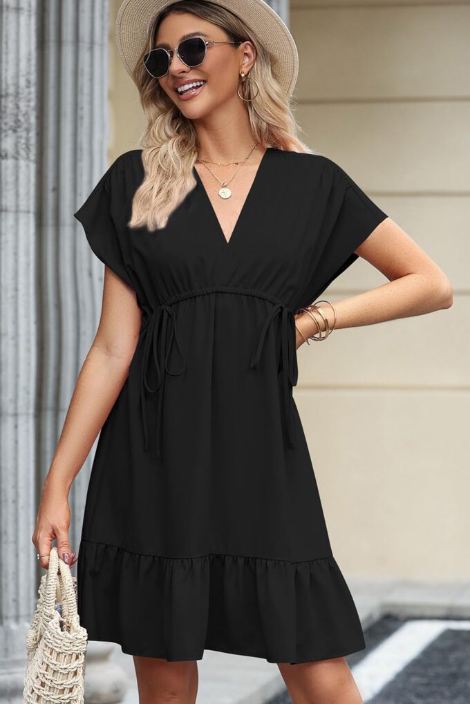 Dokotoo Womens Summer Dresses 2025 Short Sleeve V Neck Empire Waist Drawstring Casual Ruffle A-Line Swing Mini Babydoll Dress – Bild 6