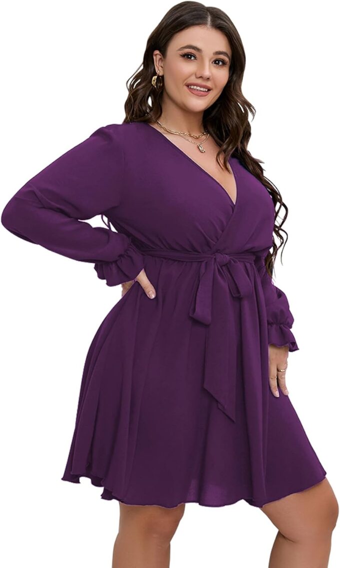 SCOMCHIC Women's Plus Size Long Sleeve Wrap V Neck Tie Waist A Line Mini Dress – Bild 3