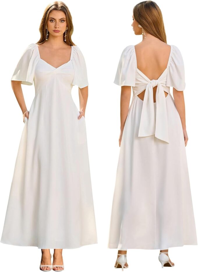 KUTUMAI Summer Maxi Dresses for Women 2025 V Neck Short Sleeve Bow Tie Flowy Long Formal Wedding Guest Dress with Pockets