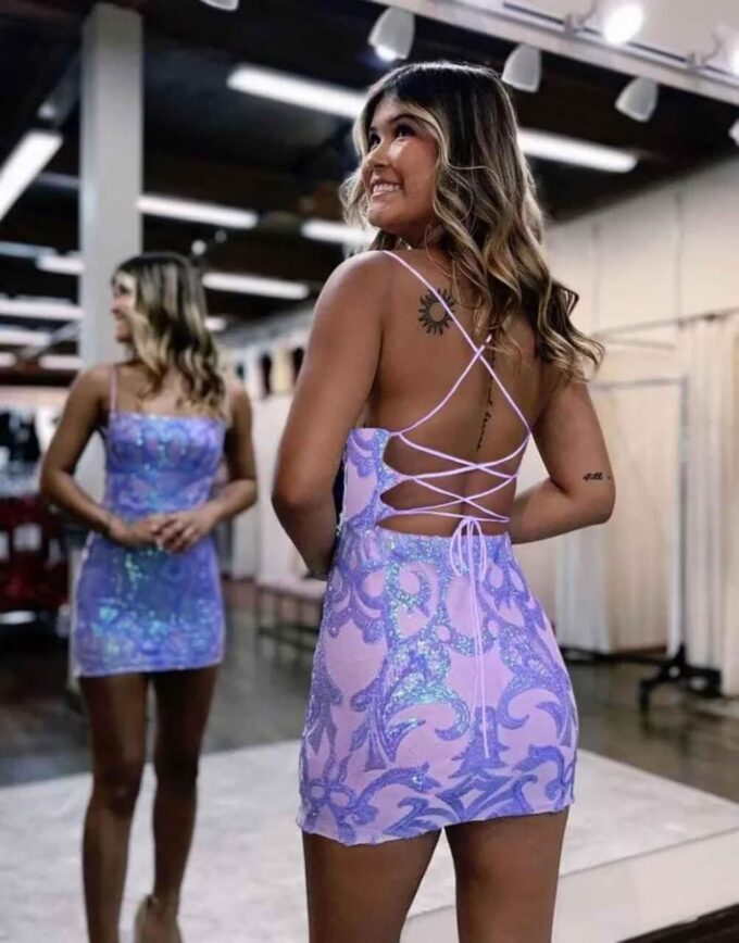 YMSHA Women's Spaghetti Straps Sequin Homecoming Dresses for Teens Tight Short Cocktail Party Dress YMS199 – Bild 3