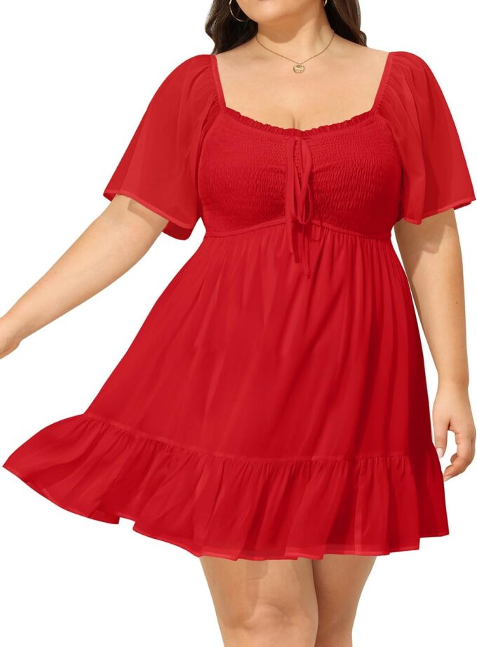 Plus Size Women's Sweetheart Neckline Dress Smocked Short Summer Sundress Chiffon Mini Cute Graduation Dresses