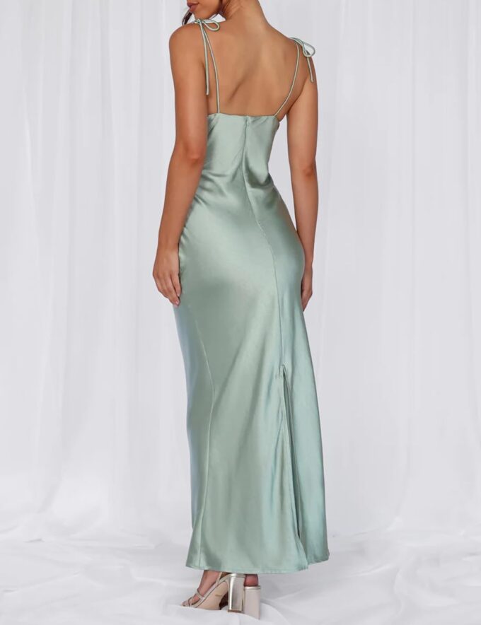 2025 Satin Cowl Neck Spaghetti Strap Slip Maxi Dress for Women Tie Strap Formal Wedding Guest Dresses with Slit – Bild 3