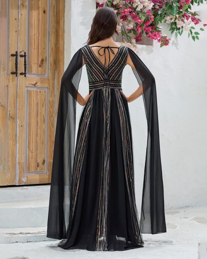 Women's Sparkly Tulle Prom Dresses with Cape A-Line Sexy V Neck Formal Evening Gowns – Bild 5