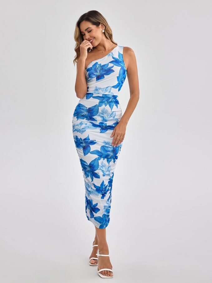 Floral One Shoulder Midi Dress for Women Summer Bodycon Ruched Cocktail Wedding Guest Dress – Bild 3