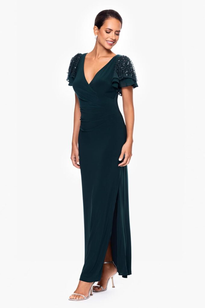 Betsy & Adam Women's Flutter Sleeve Sequin Embellished V-Neck Maxi Dress – Bild 2