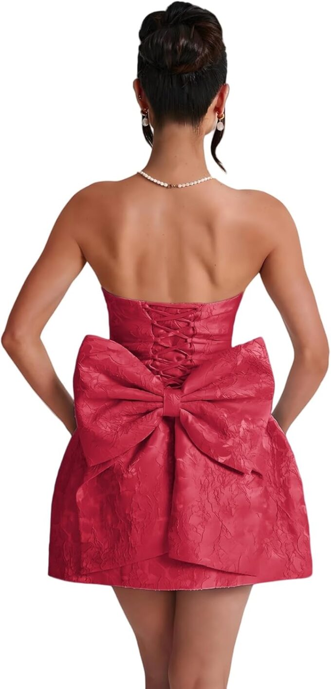ZGMYC Jacquard Satin Homecoming Dress with Bow Elegant Strapless Mini Dress A Line Short Prom Dresses Party Gown – Bild 3