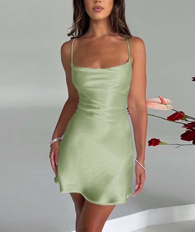 xxxiticat Women's Satin Mini Dress Sleeveless Cowl Neck A-Line Swing Party Lace Up Bandage Open Back Short Slip Dress – Bild 2
