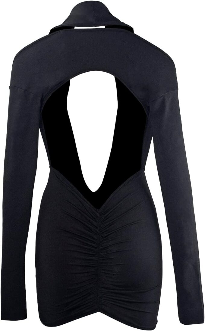 Women Sexy Deep V Neck Long Sleeve Backless Dress Cut Out Bodycon Ruched Mini Club Dresses – Bild 6