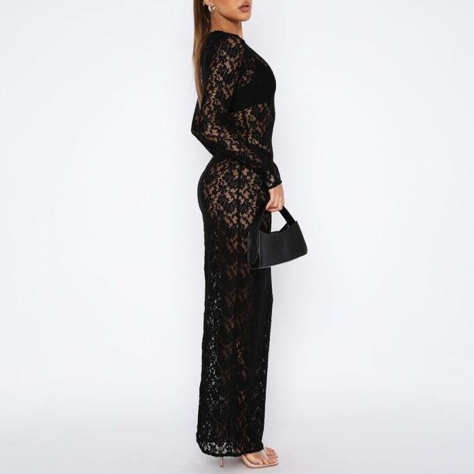 NUFIWI Women Vintage Y2k Lace Maxi Dress Long Sleeve See Through Mesh Bodycon Dress Floral Lace Maxi Long Slip – Bild 5