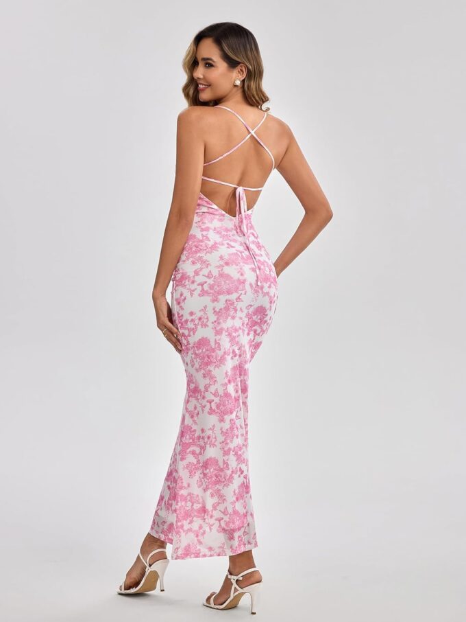 Women's Summer Floral Maxi Dress Square Neck Mesh Ruched Bodycon Formal Wedding Guest Long Dresses – Bild 4