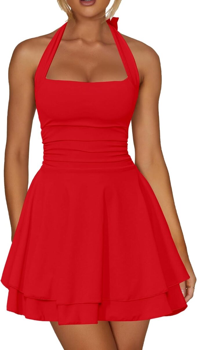 Kaximil Women's Sexy Halter Ruffle Hem Mini Dress Ruched Waist Corset Short Party Dresses