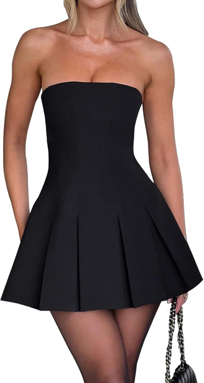 Women's Sexy Strapless Ruched Pleated Tube Mini Dress Y2K Sleeveless A Line Bodycon Short Dress – Bild 2