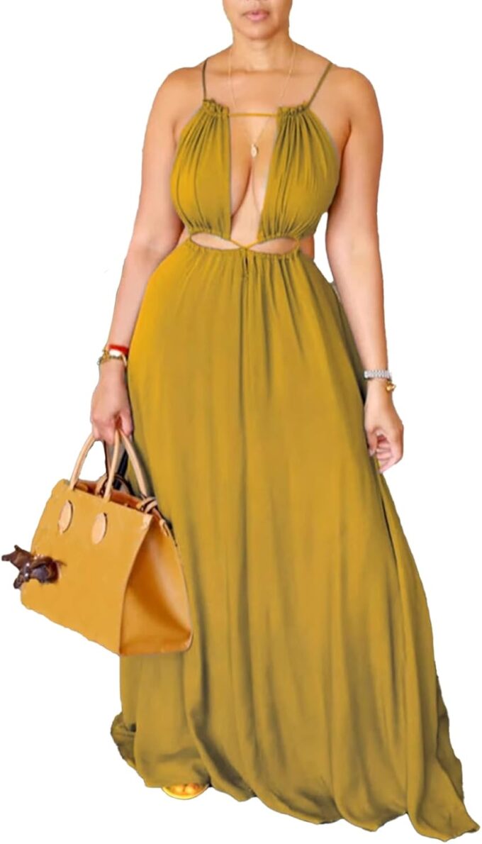 Unybwonn Womens Summer Dress Spaghetti Strap Halter Sleeveless Sexy Cutout Boho Maxi Sundress Beach Vacation Dresses