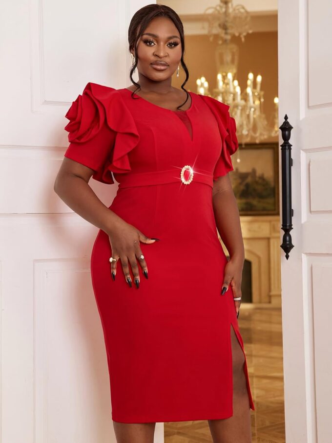AOMEI Women's Red Crew Neck Petal Short Sleeve High Waist Belted Bodycon Pencil Dress – Bild 5