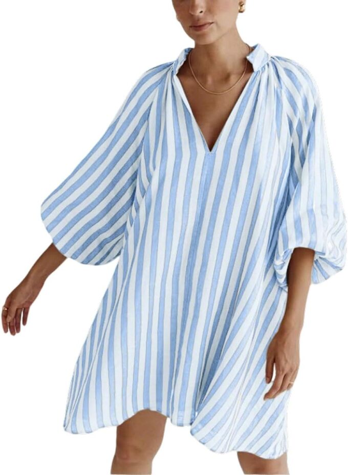 CHARTOU Women Summer Striped Beach Vacation Mini Dress 3/4 Sleeve Boho Chic Outfits Tunic Shift Dress