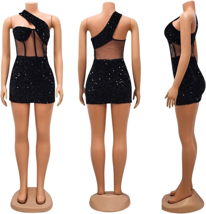 Women's Sexy Mesh Sequin One Shoulder Dresses Party Club Night Outfit Bodycon Mini Dress – Bild 5