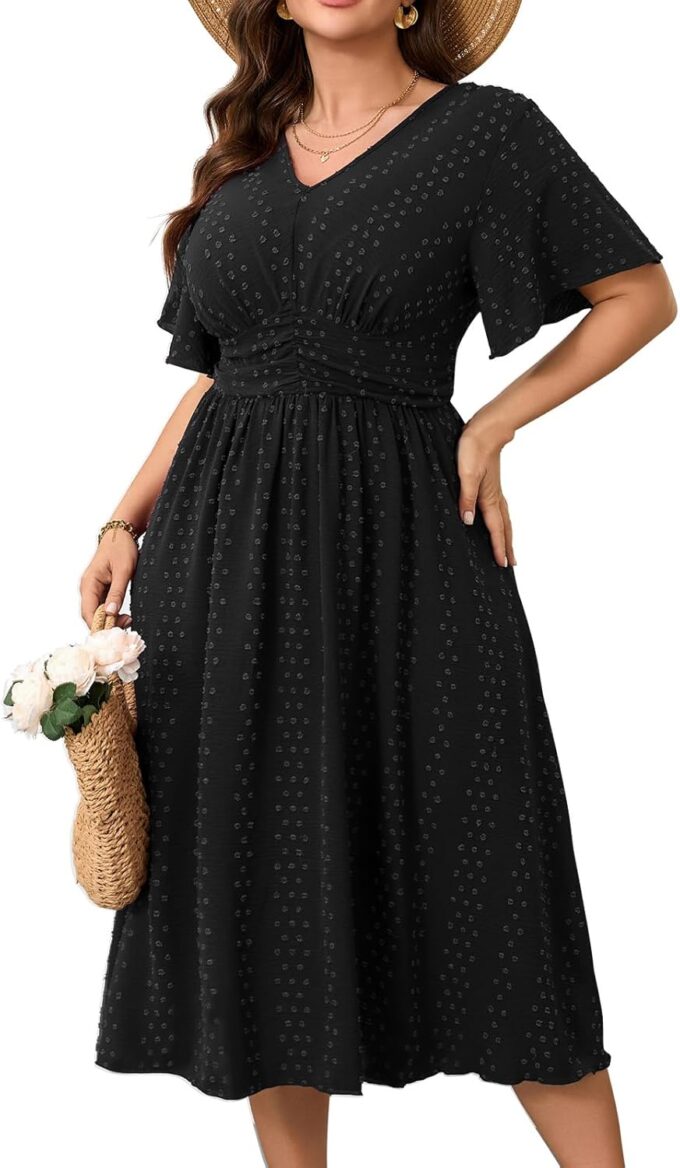RWJ Women's Plus Size Maxi Dress V Neck Short Sleeve Swiss Dot A Line High Waist Flowy Casual Summer Dresses 2025