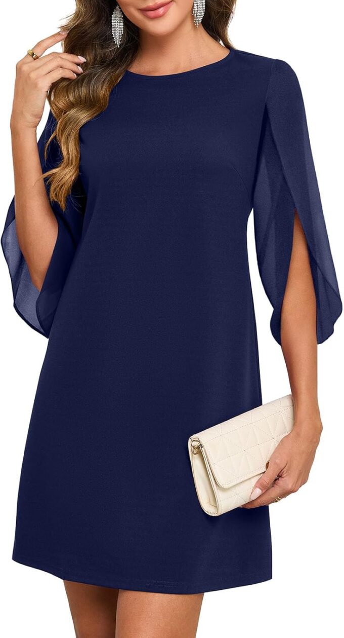 oten Women's Classy Chiffon Dress Flutter Sleeve A-Line Formal Gown Cocktail Wedding Guest Evening Party Dresses Navy Blue X-Large