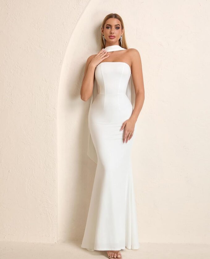 2025 Women's Bodycon Formal Maxi Dresses Elegant Tube Summer Wedding Guest Cocktail Party Dress with Scarf – Bild 4