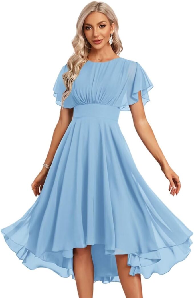 Women's Chiffon Bridesmaid Dresses Short Crew Neck Flutter Sleeves Prom Dress for Evening Party