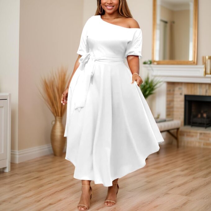 Plus Size Women Wedding Guest Dress Off Shoulder Boat Neck Irregularly Flowy Midi Church Dress – Bild 5