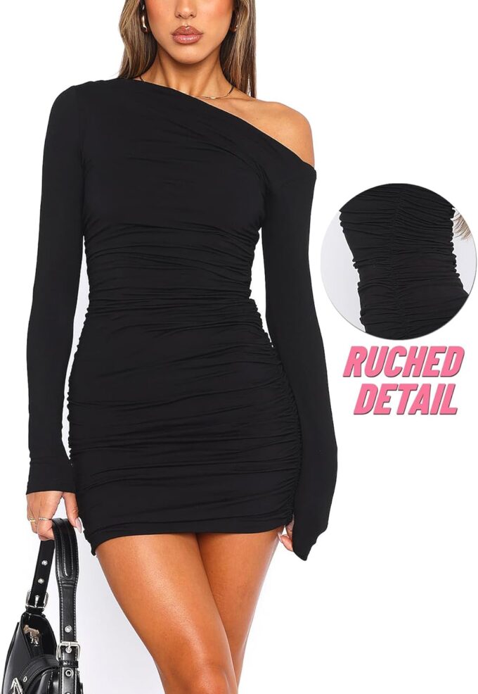 Women Off The Shoulder Long Sleeve Dress Ruched Bodycon Mini Dress Cocktail Going Out Dresses – Bild 2