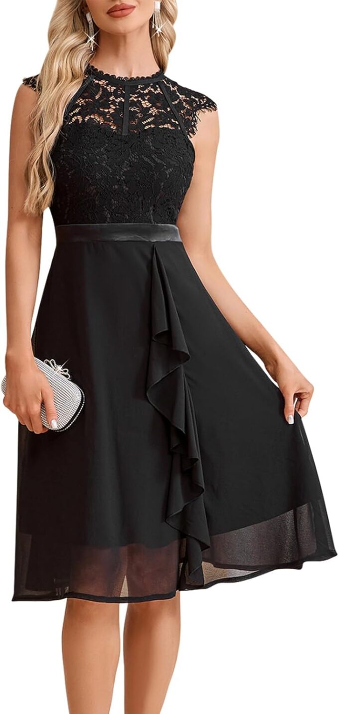 Cololura Women Elegant Sexy Sleeveless Lace Floral Patchwork Ruffle Hem Formal Party A-Line Cocktail Midi Dress