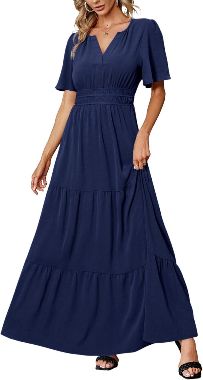 Amegoya Women's Summer Boho Maxi Dresses Casual V Neck Short Sleeve A-line Empire Waist Long Flowy Beach Dress