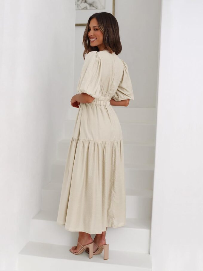 Womens Deep V Neck Puff Short Sleeve Tired Maxi Dress Flowy Swing Long Summer Dresses – Bild 6