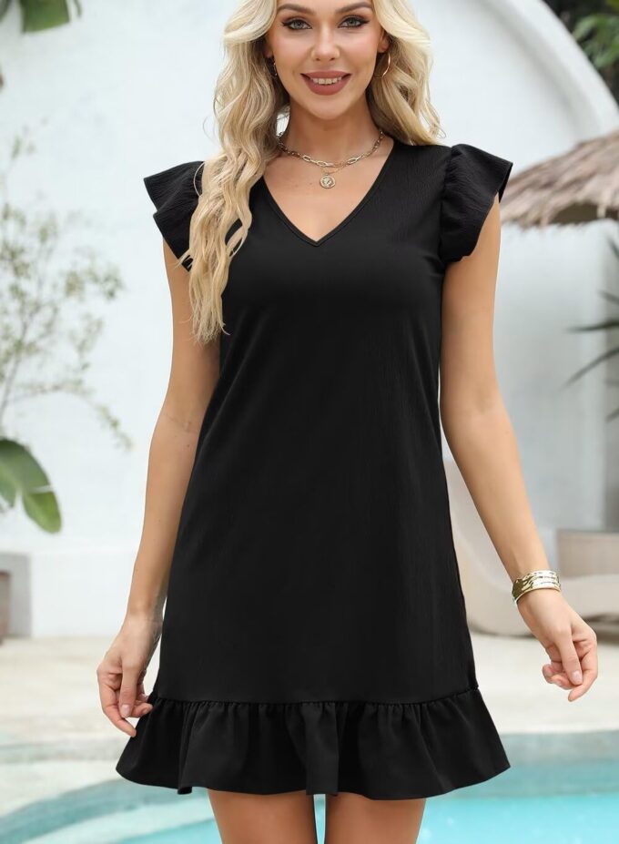 JOCAFIYE Summer Dresses for Women 2025 Cute Ruffle Cap Sleeve V-Neck Flowy Swing Mini Dress Sundress – Bild 2