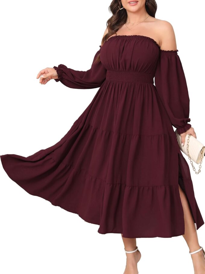 Women's Plus Size Maxi Dress Boho Off Shoulder Long Sleeve Smocked High Waist Side Split Flowy A Line Tiered Summer Dress