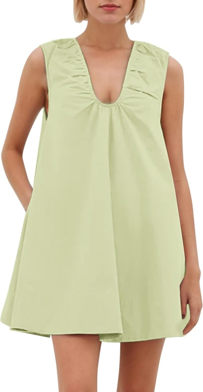 OLAPTA Women Summer Sleeveless Babydoll Mini Tank Dresses Loose Fit Scoop Neck Ruched Short Dress with Pockets Party Clubwear